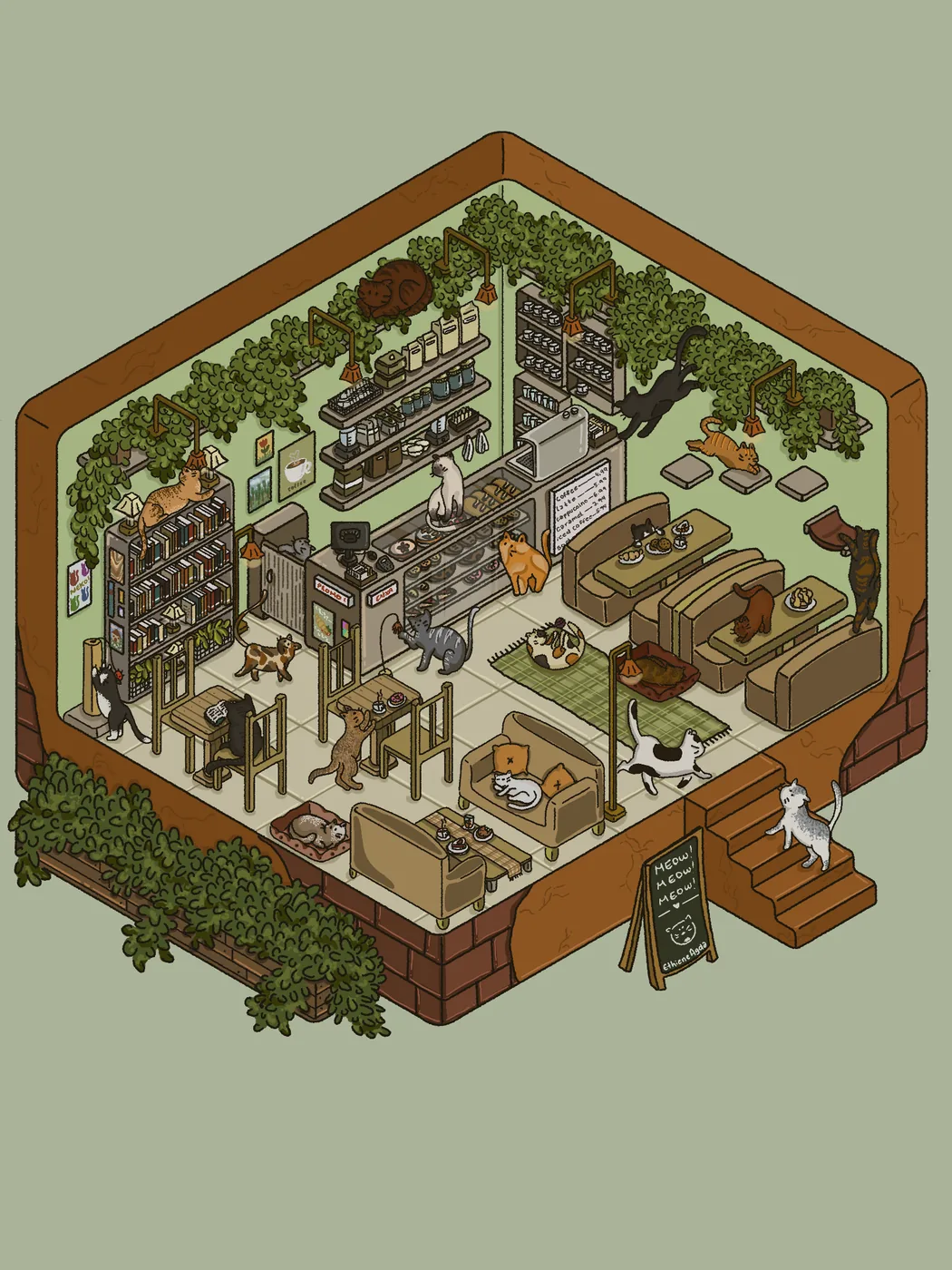 Isometric illustration of a rustic cat café, with bookshelves and plants