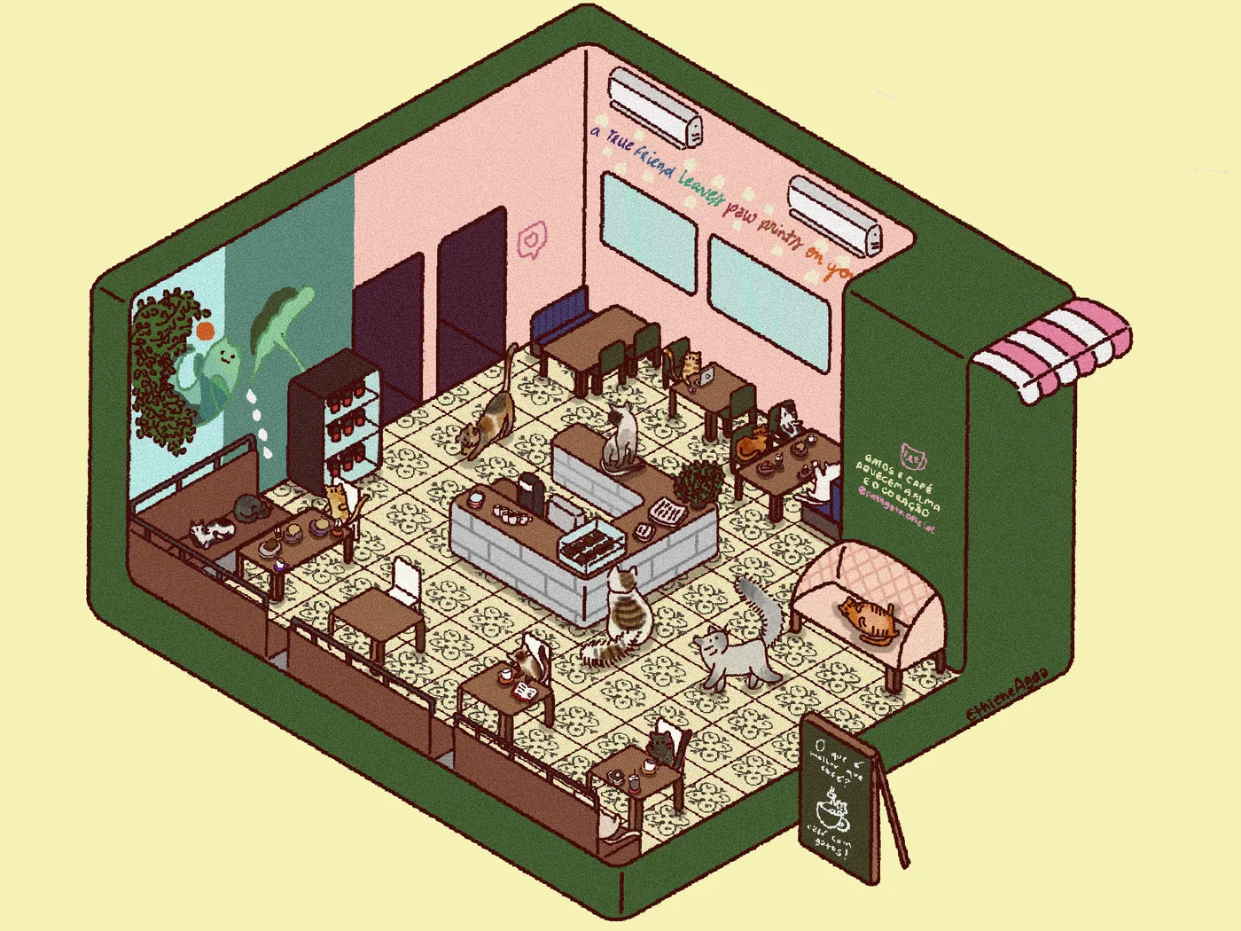 Isometric illustration of a cat café with pink and seafoam green walls