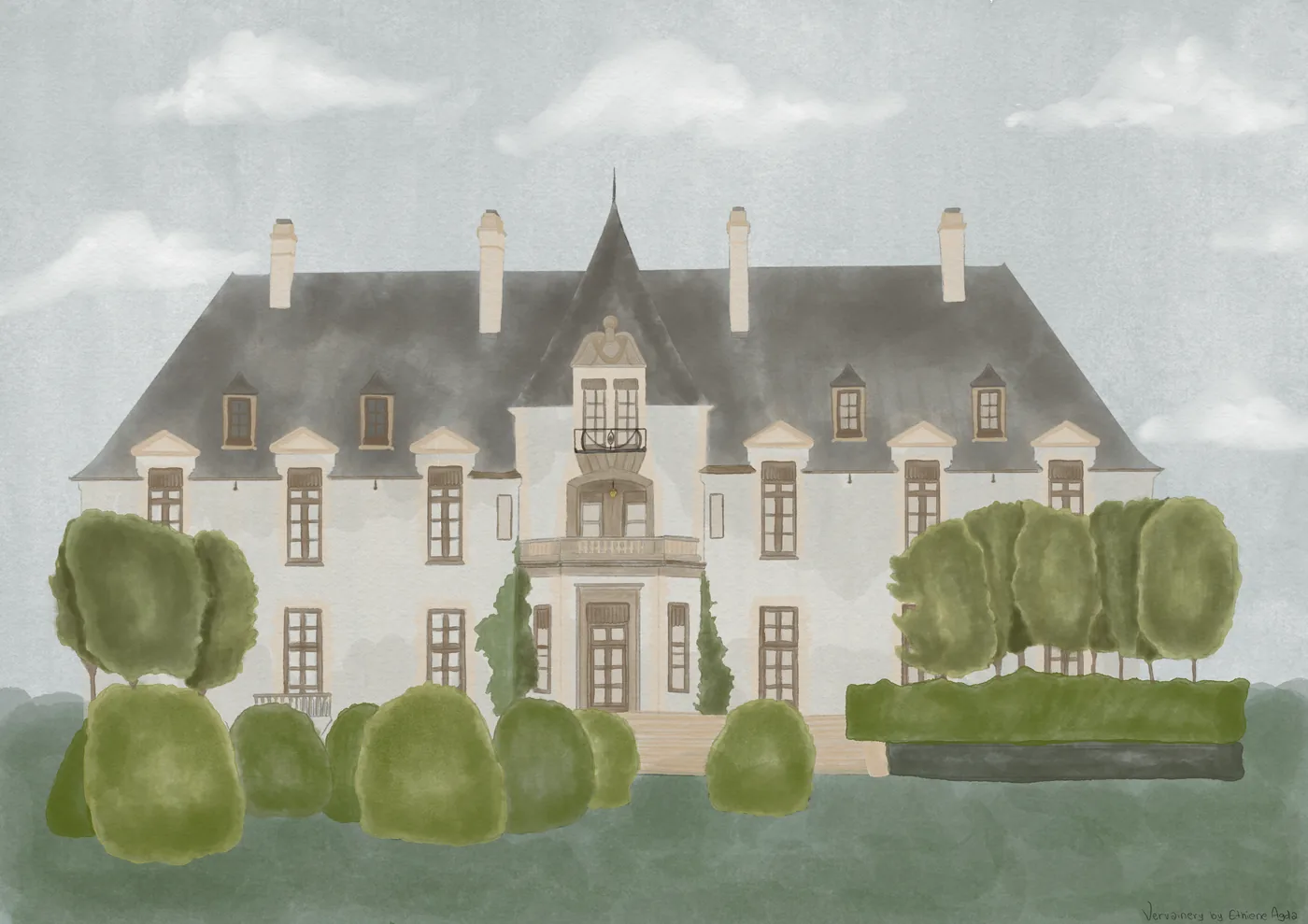 Watercolor illustration of a French château surrounded by gardens and pruned trees