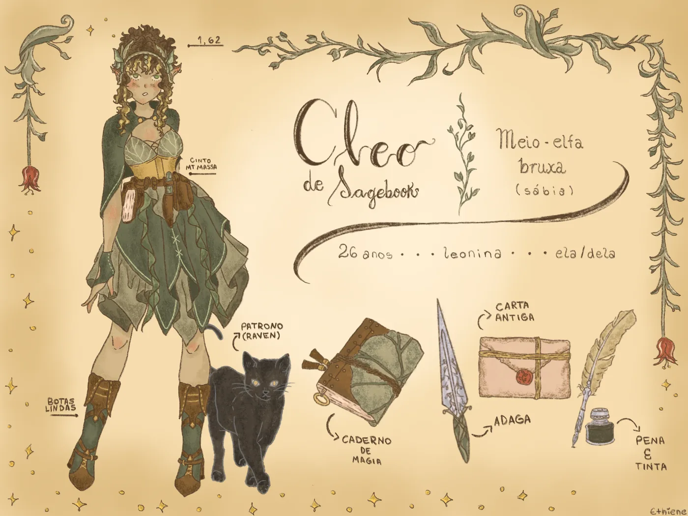 Character sheet for Cleo of Sagebook, a half elf witch, with her items illustrated alongside