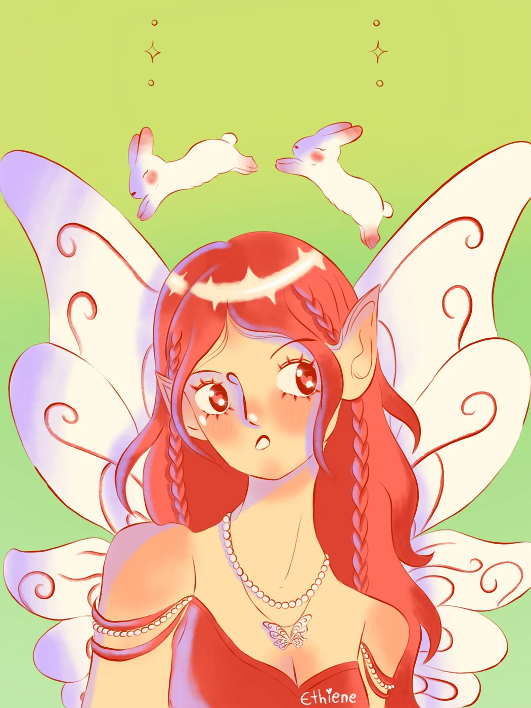 Digital illustration of a red haired fairy with wings and little rabbits flying around