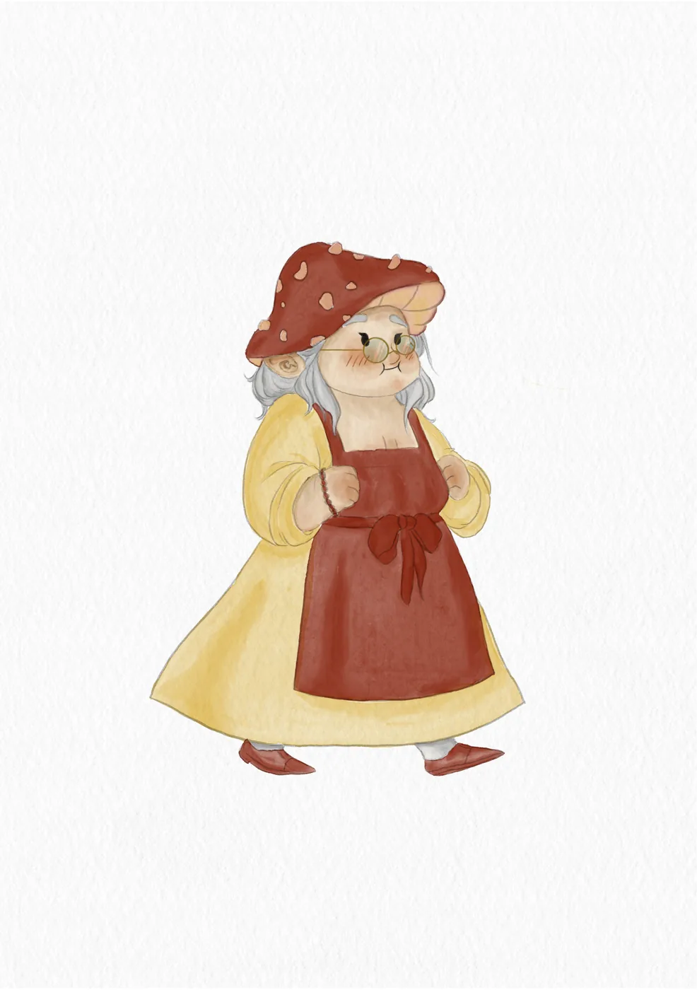 Watercolor illustration of a mushroom granny, with a red spotted mushroom hat and apron