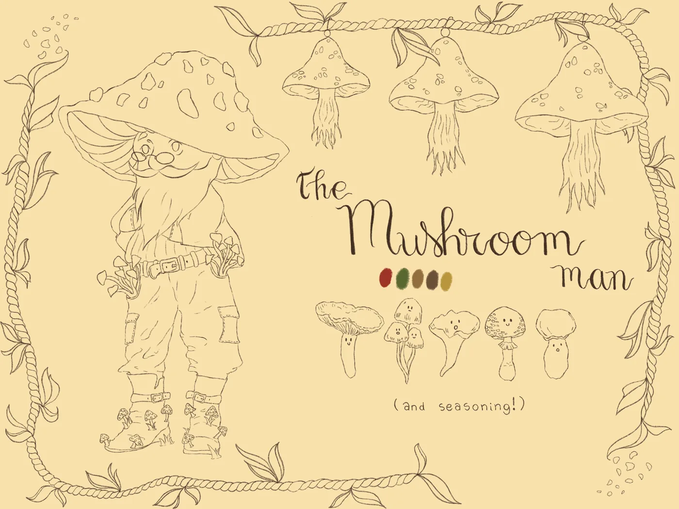 Line concept art of a character called Mushroom Man, with color palette and mini mushroom mascots