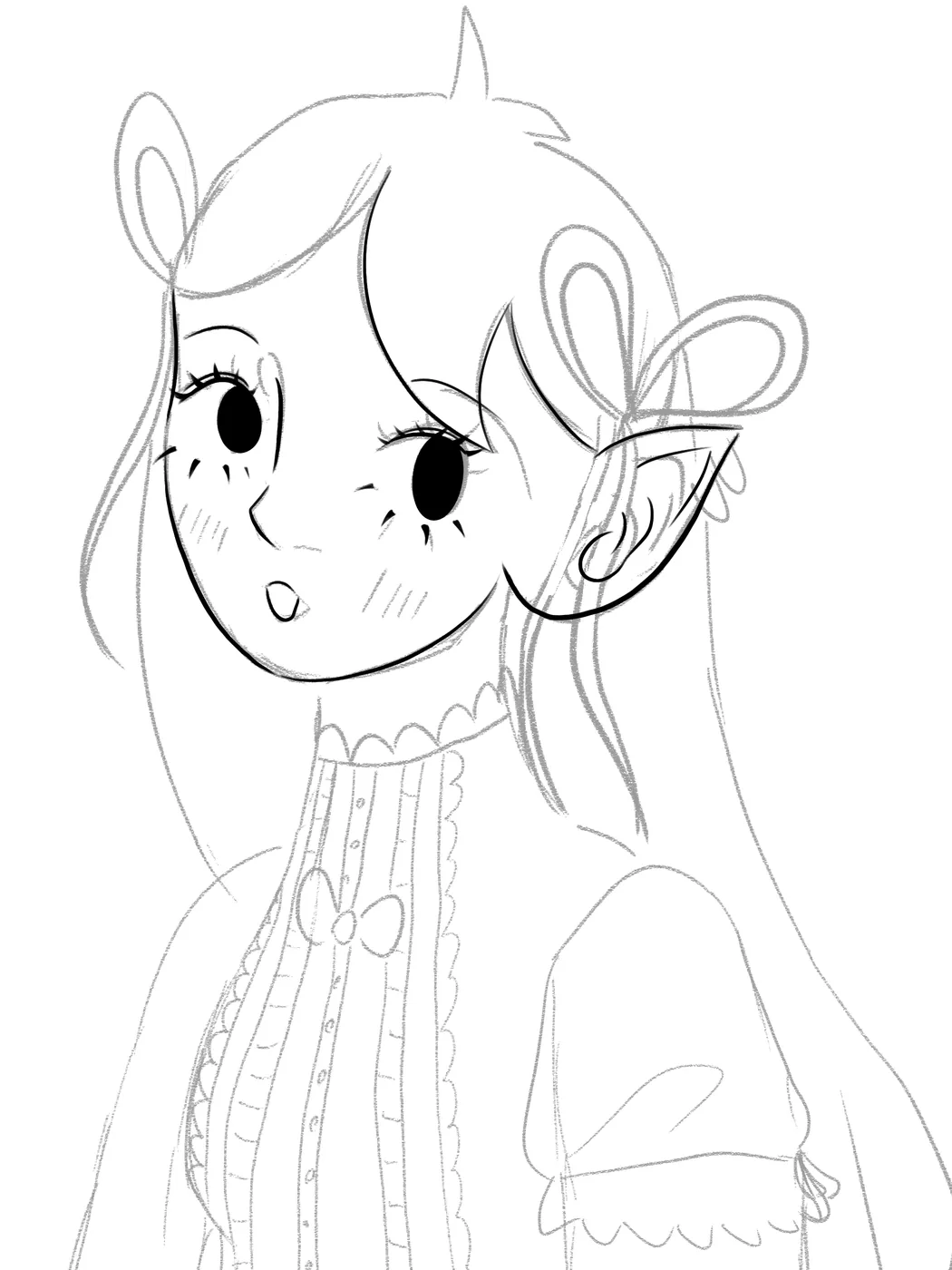 Sketch of an elven character's face, still in the loose and rough line stage