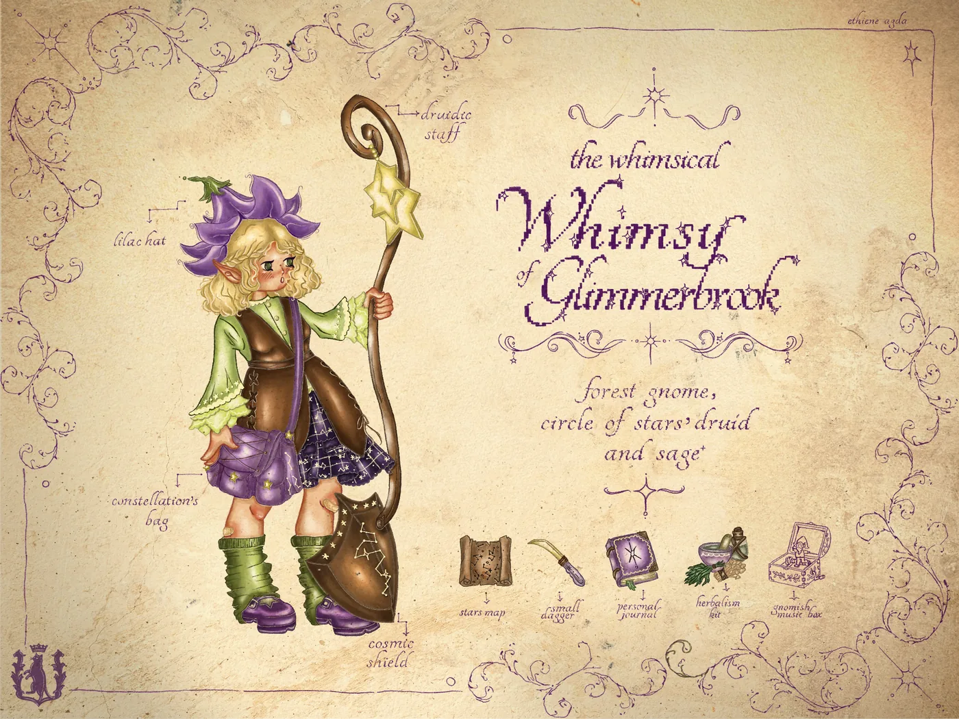 Character sheet for Whimsy of Glimmerbrook, a forest gnome druid, on aged paper